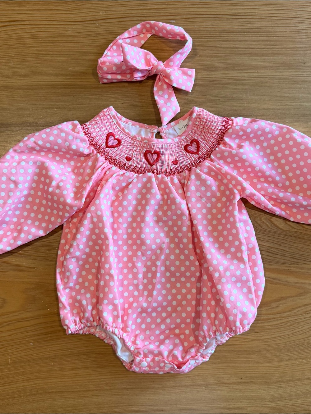 Pink Polka Dot Smocked Heart One-Piece with Headband